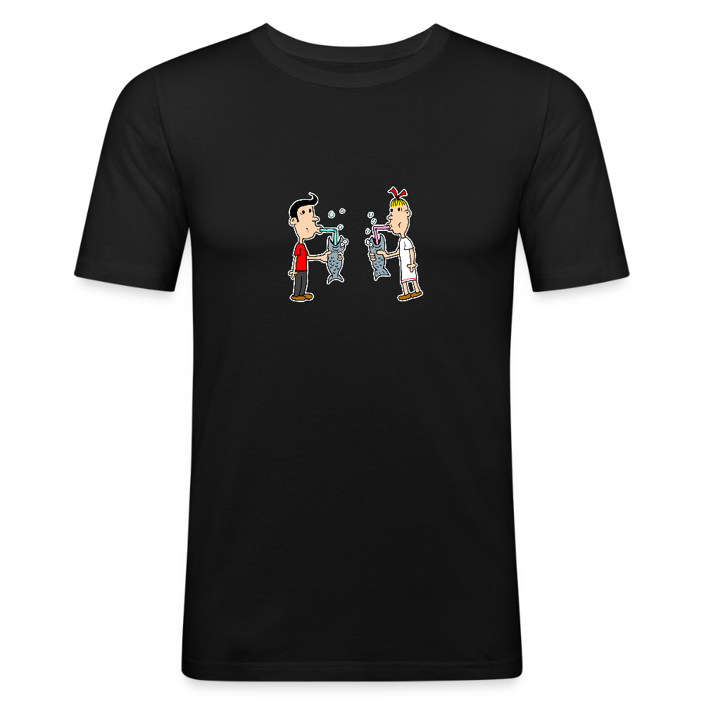 Slim fit shirt met Suske en Wiske die uit een vis drinken - black