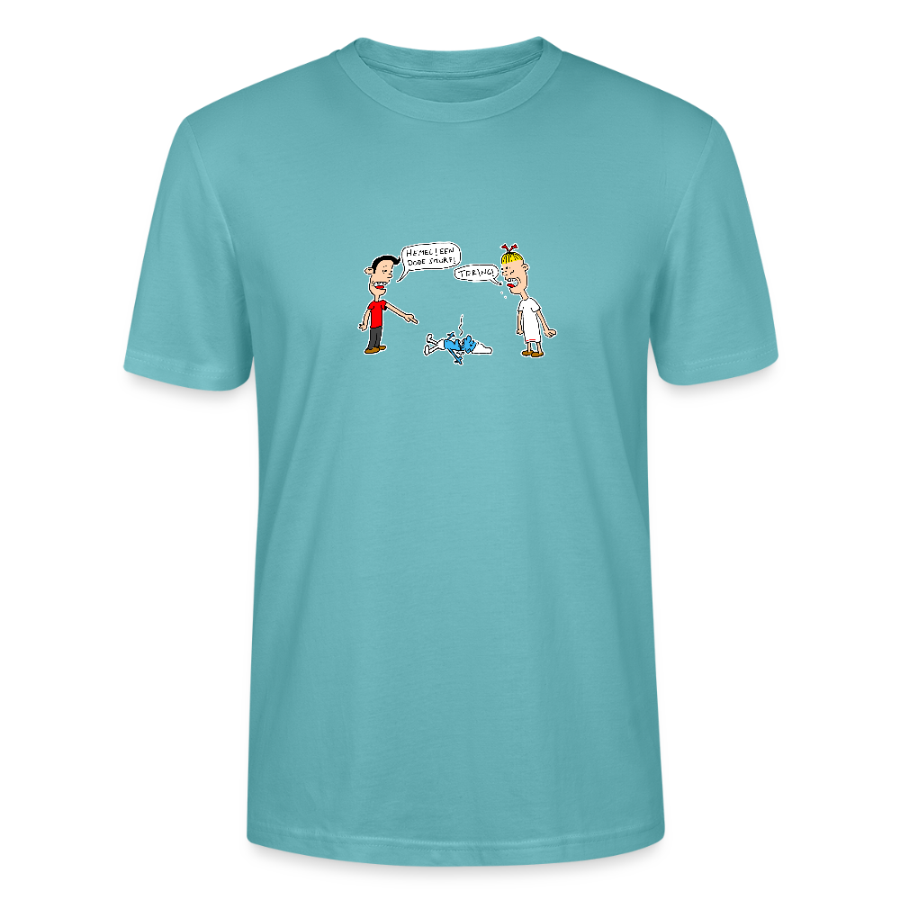 Shirt met Suske en Wiske die een dode smurf vinden - pastel turquoise