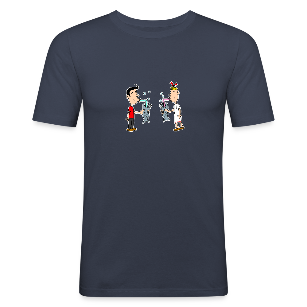 Slim fit shirt met Suske en Wiske die uit een vis drinken - navy