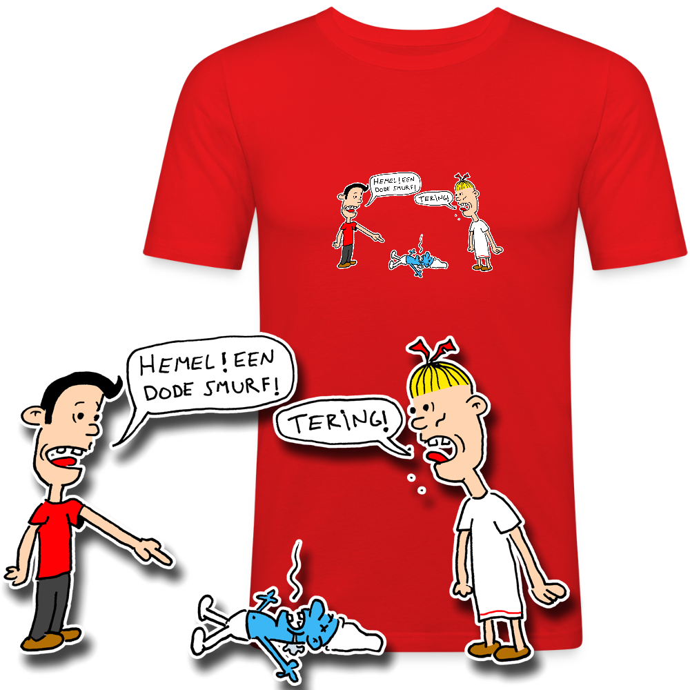 Slim fit shirt met Suske en Wiske die dode smurf vinden