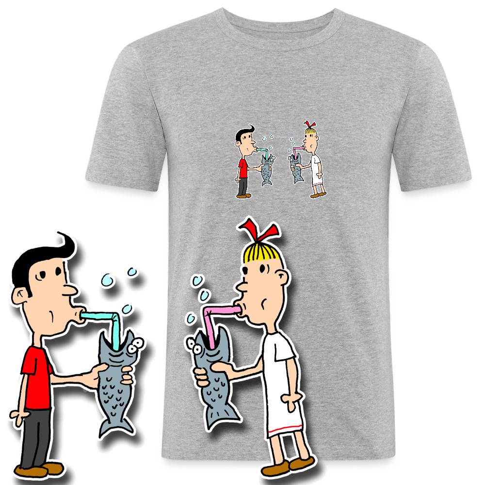 Slim fit shirt met Suske en Wiske die uit een vis drinken