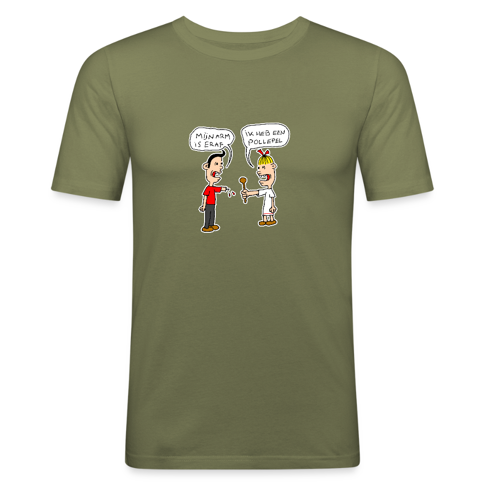 Slim fit shirt met Suske en Wiske die een praatje maken - khaki green