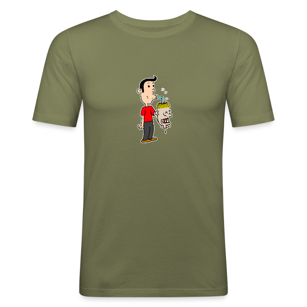 Slim fit shirt met Suske die iets uit Wiske haar schedel drinkt - khaki green