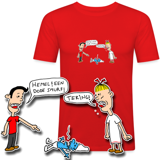 Slim fit shirt met Suske en Wiske die dode smurf vinden