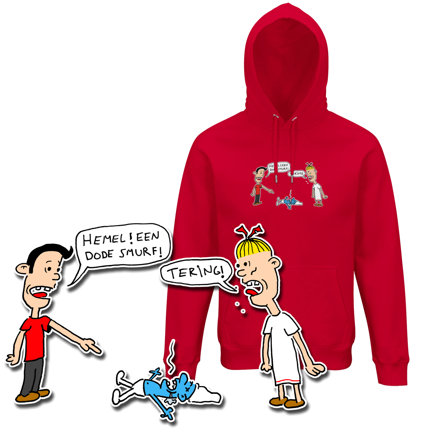 Hoodie met Suske en Wiske die een dode smurf vinden