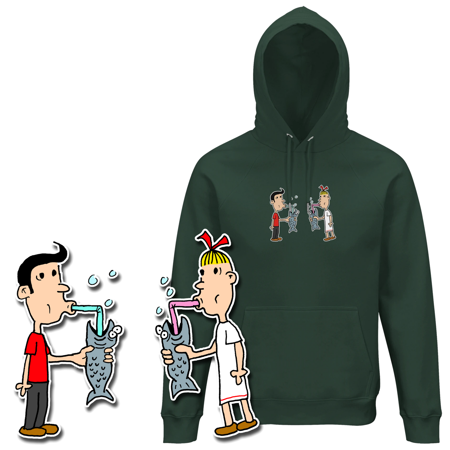Hoodie met Suske en Wiske die uit een vis drinken