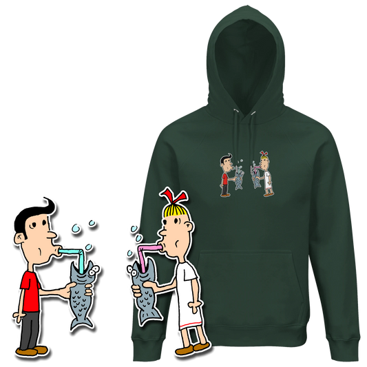 Hoodie met Suske en Wiske die uit een vis drinken