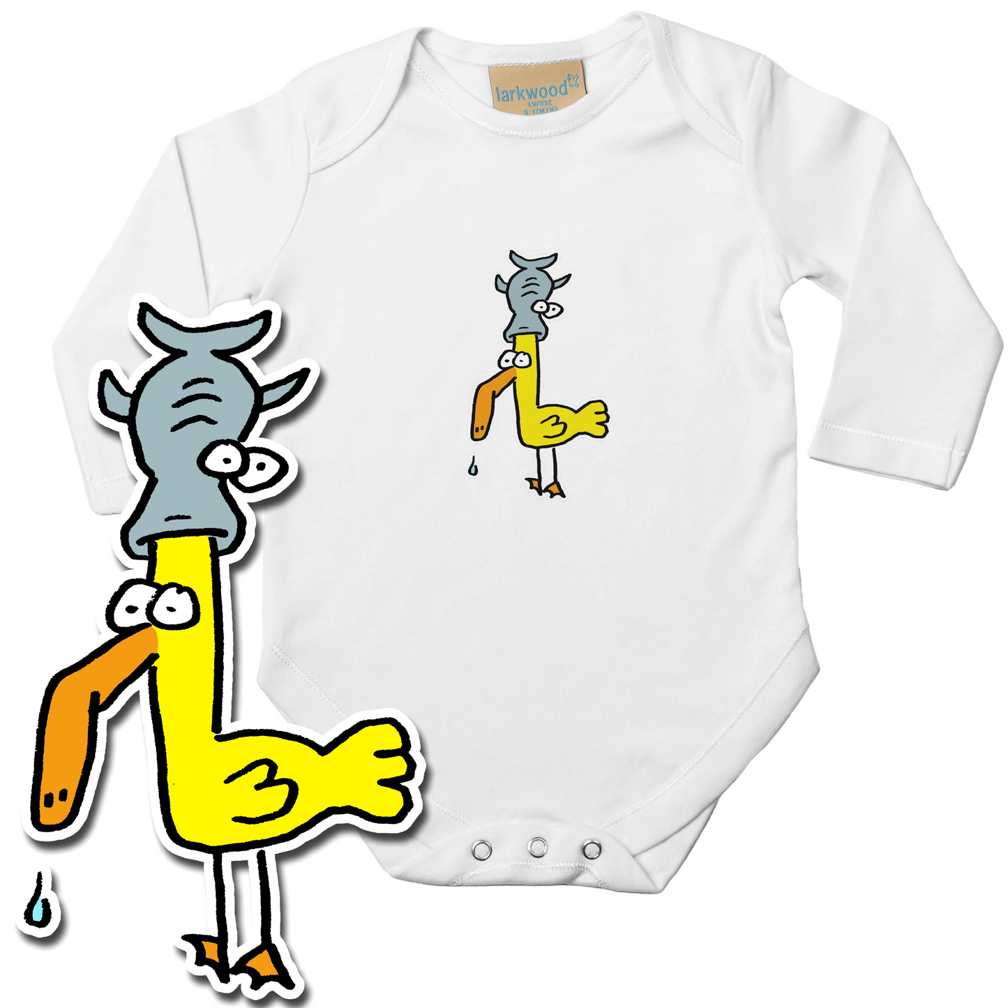 Romper met eend met vis op zijn hoofd